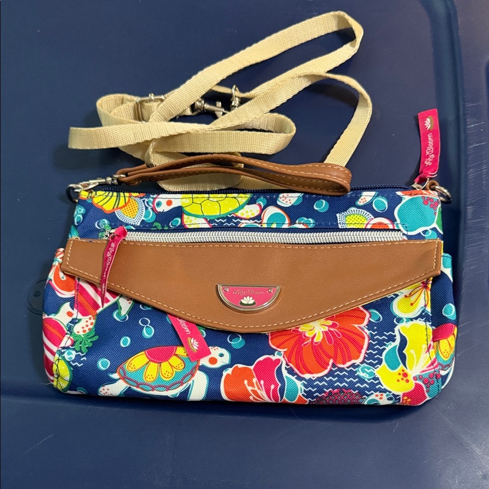 Lily Bloom Blue Floral Crossbody Bag with Tan Accents